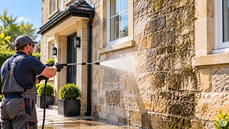 Carefully cleaned historic stone facade showing preserved architectural details, weathered masonry and delicate surfaces protected during professional stone cleaning.